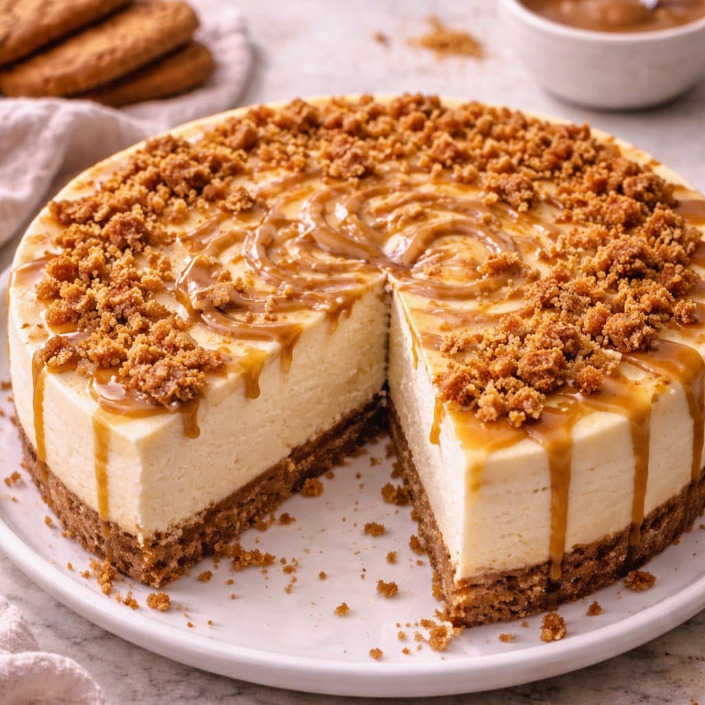 Biscoff Cheesecake mit Karamell und Keksstreuseln